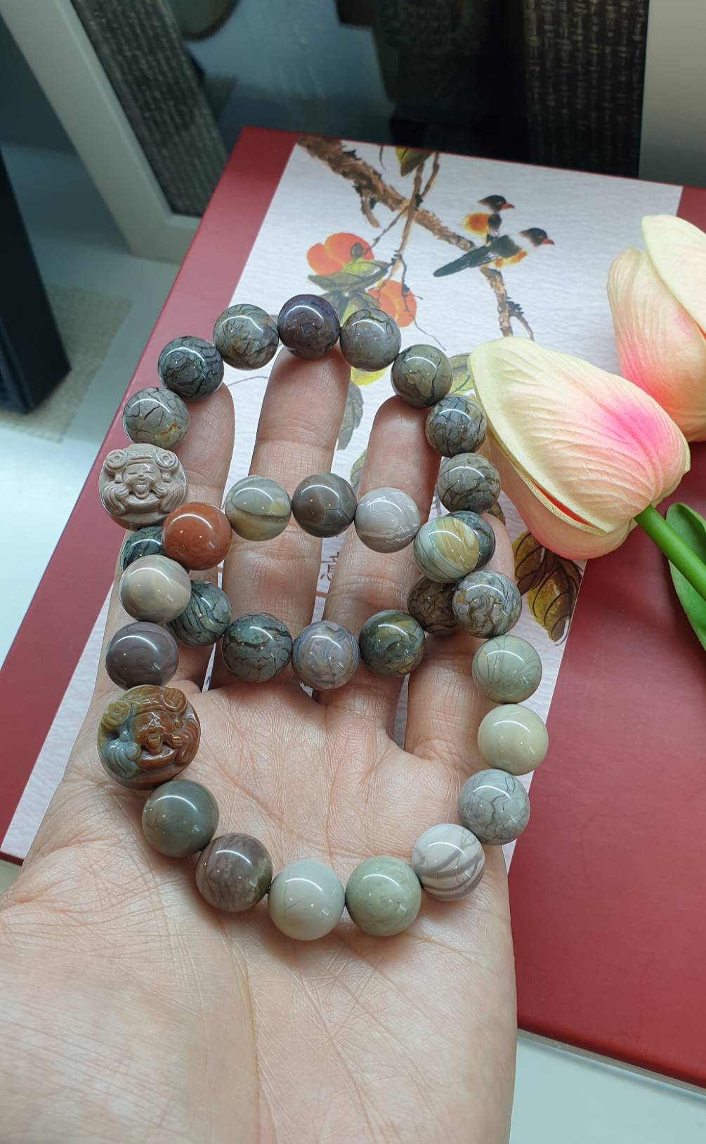 Alxa Jasper Prosperity Bracelets with Cai Shen Ye Charm 18 cm - Natural stones