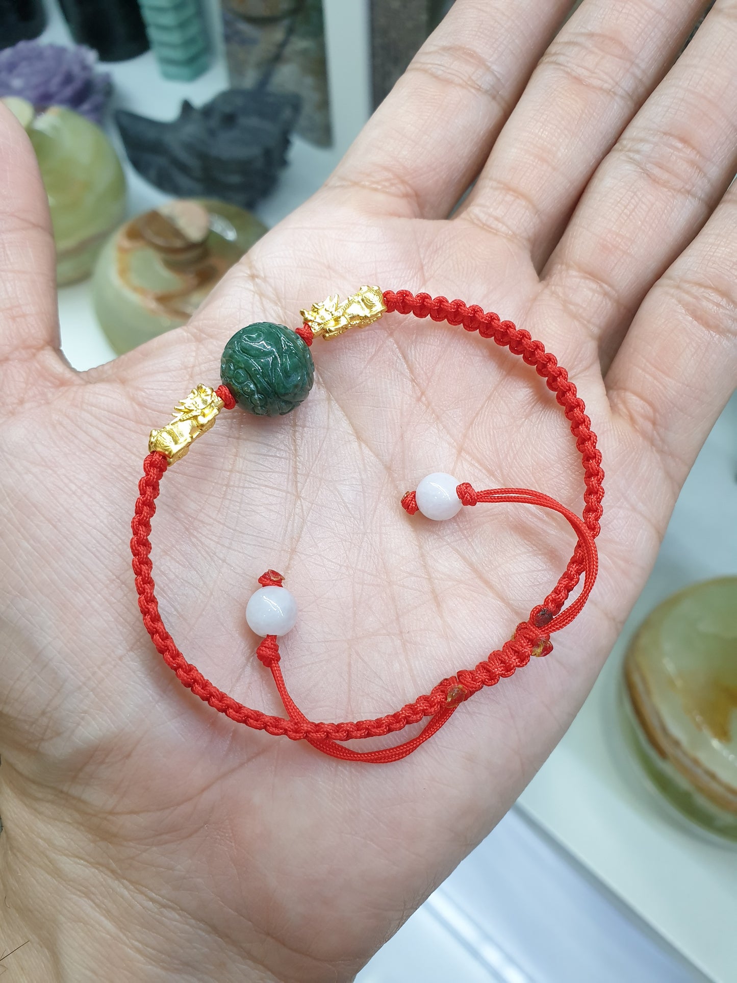 Jade Ru Yi & Gold Pixiu on Red Thread Bracelet (Adjustable) | Pure 24K Gold | Fei Cui - Type A Jadeite