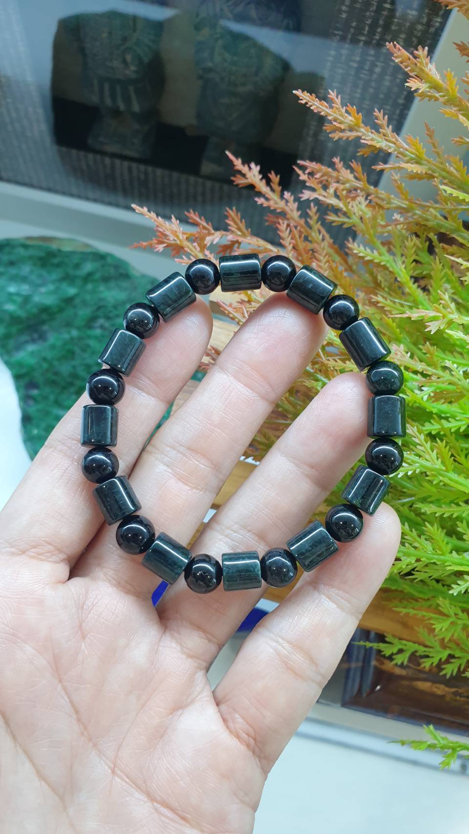 Jade Cylinder Beads Bracelet 17cm Fei Cui Type A Myanmar Black Jadeite