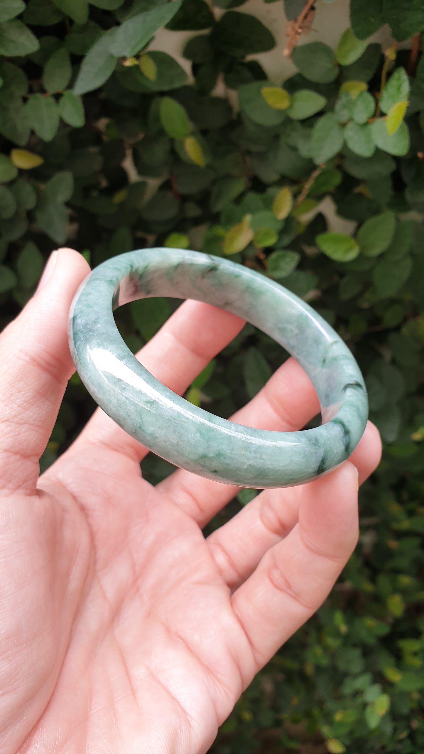 Jade Bangle S58.5 Type A Myanmar Jadeite Speckled Natural Moss Green