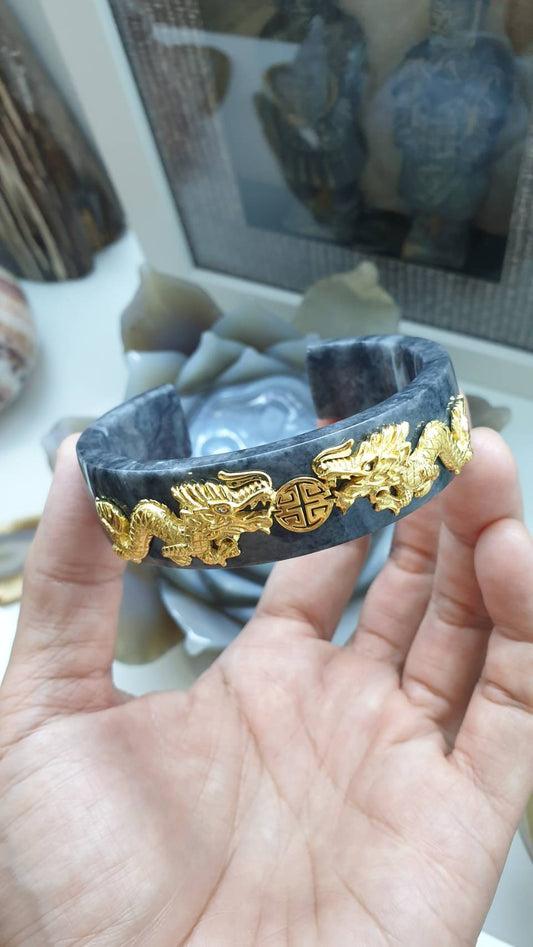 Black Jade Cuff Bangle | Solid 18K Gold Twiin Dragons | His or Hers Magnet Statement