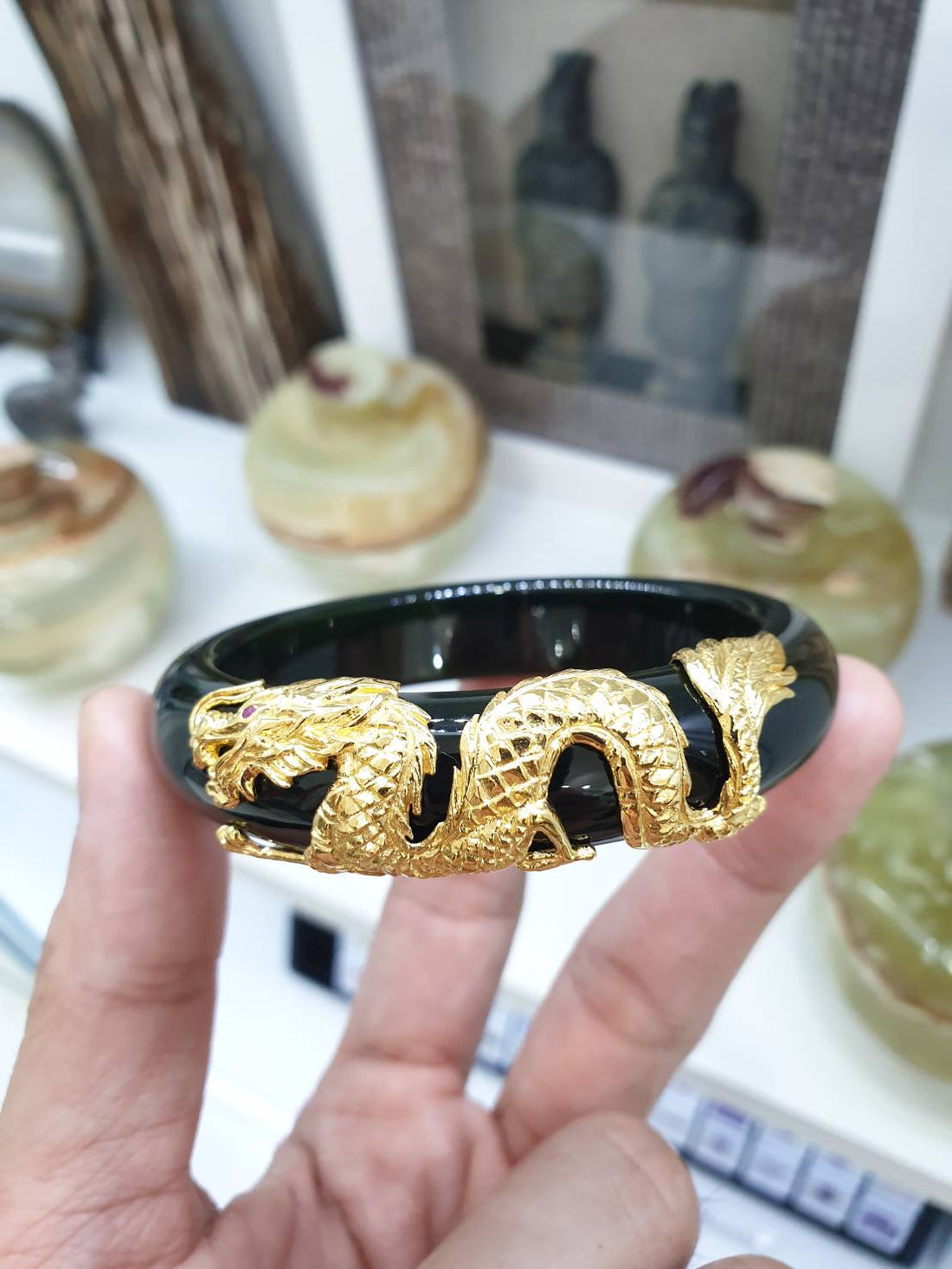 18K Gold Chinese Dragon with Ruby Eye on Jade Bangle