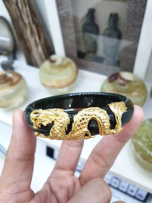 18K Gold Chinese Dragon with Ruby Eye on Jade Bangle