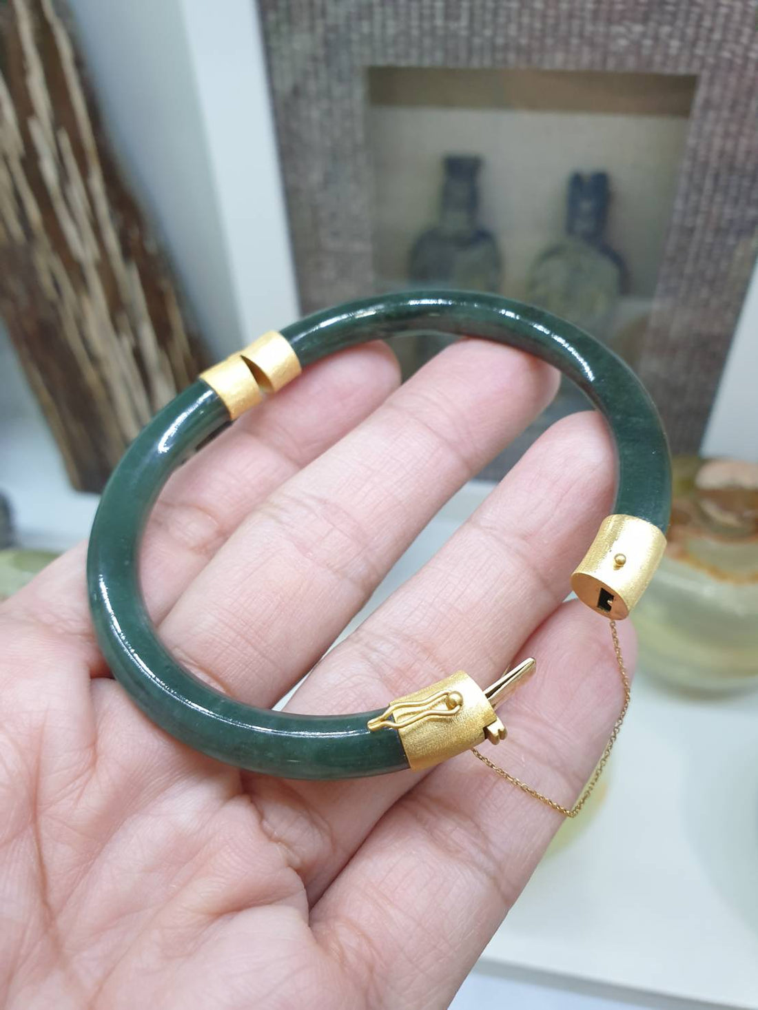 Classic Bespoke Open Jade Bangle with Brushed 18K Gold Safety Locks