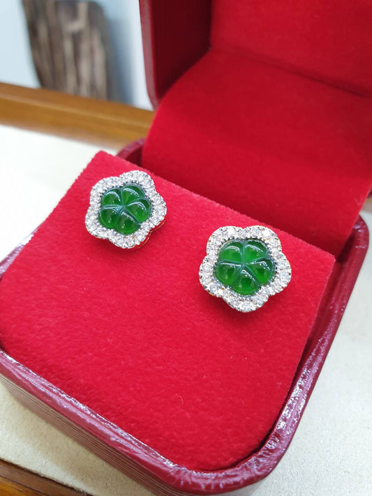 Dazzling 18K Gold & Imperial Green Jade Floral Earrings with White Diamonds