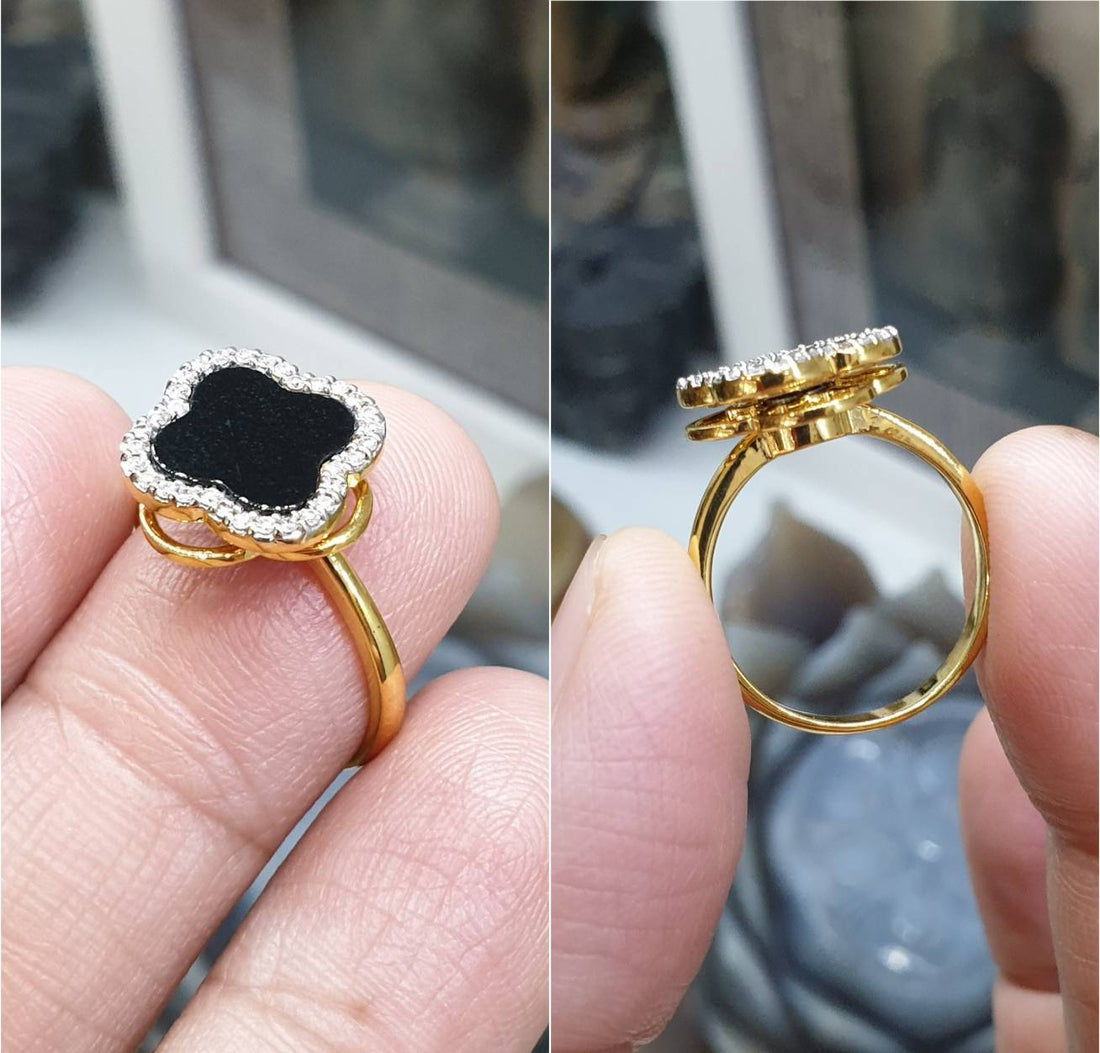 Diamond-Haloed Spinning Black Jade 4-Leaf Clover Ring in 18K Gold