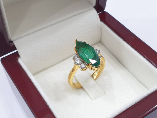 Custom Zambian Emerald Marquise-Cut Ring in 18K Gold with Diamonds