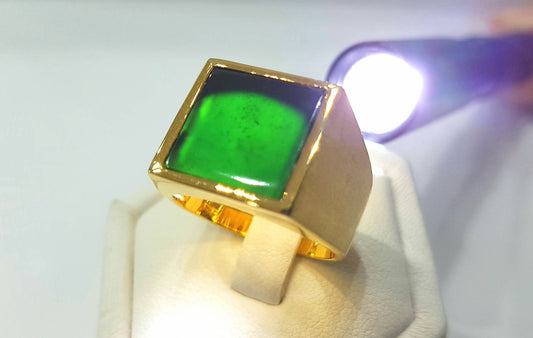 Custom Black Jade Ring – 9K Gold with Green Translucency