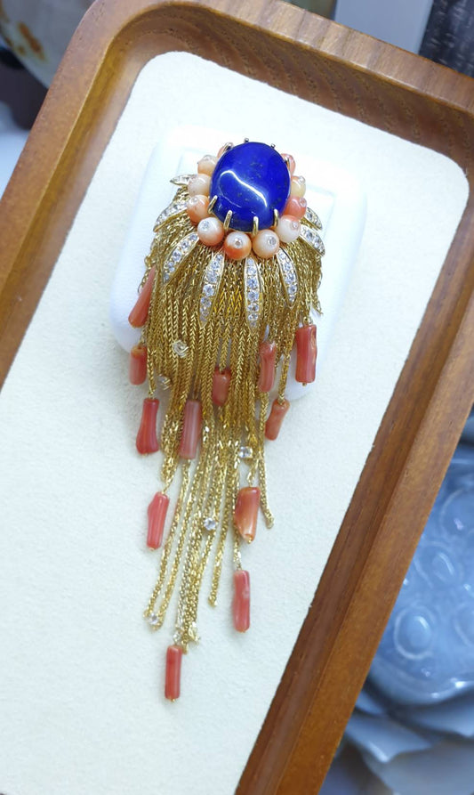 Bespoke Comet Brooch–Pendant in 9K Gold with Lapis Lazuli, Corals & White Zircons