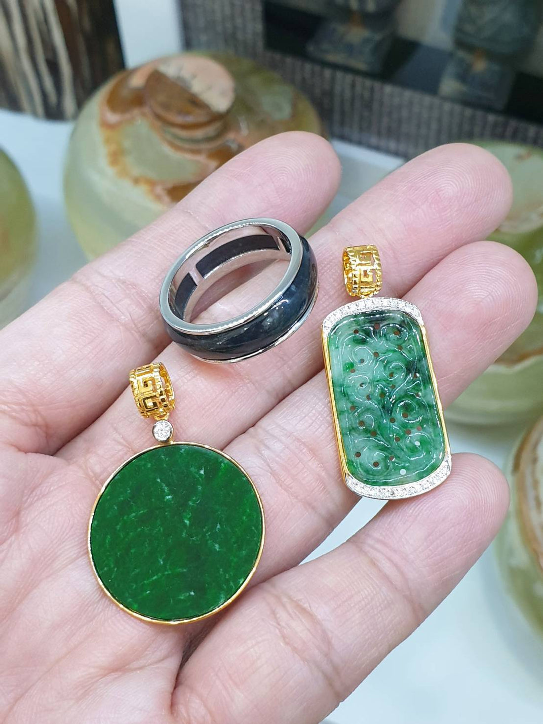 Trio of Bespoke Jade Masterpieces – Black & Green Jade in Gold with White Diamonds