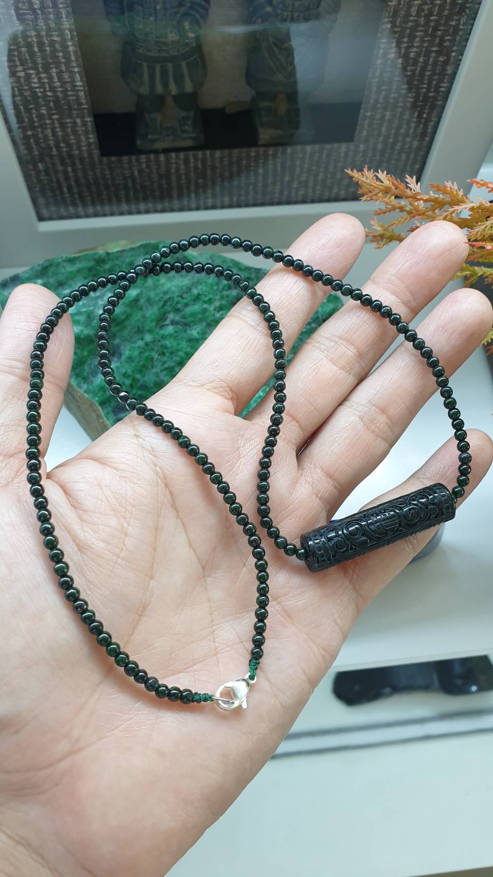 Black Green Jade Handcrafted 22inch Necklace Ru Yi Cylinder Accent Type A Myanmar Jadeite