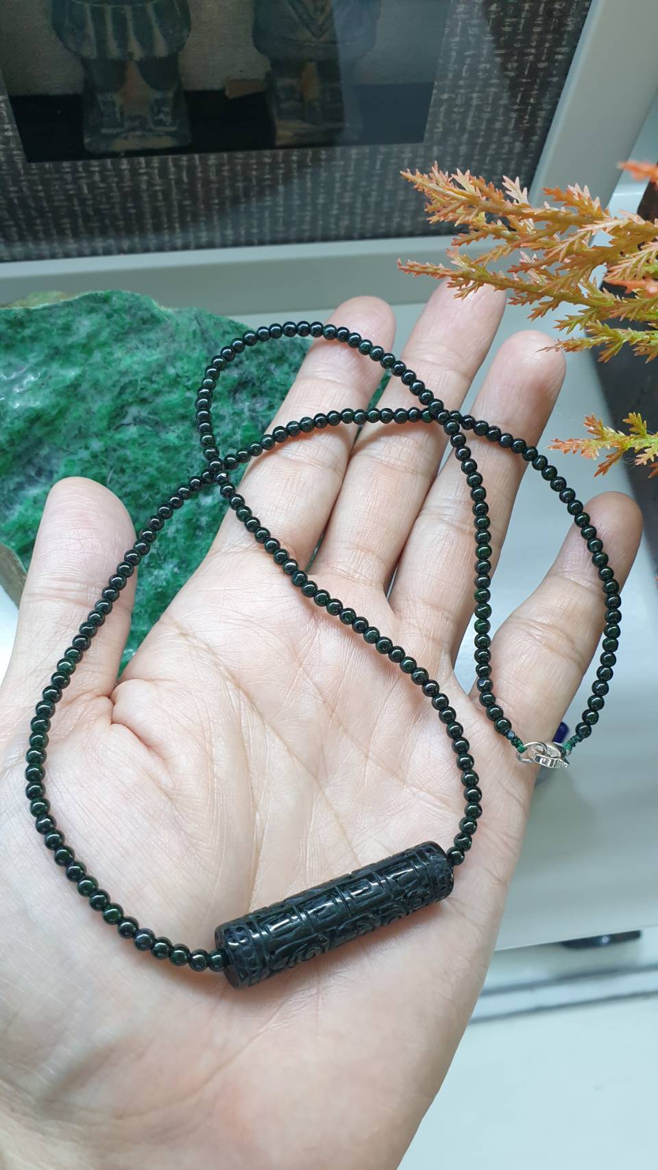 Black Green Jade Handcrafted 22inch Necklace Ru Yi Cylinder Accent Type A Myanmar Jadeite