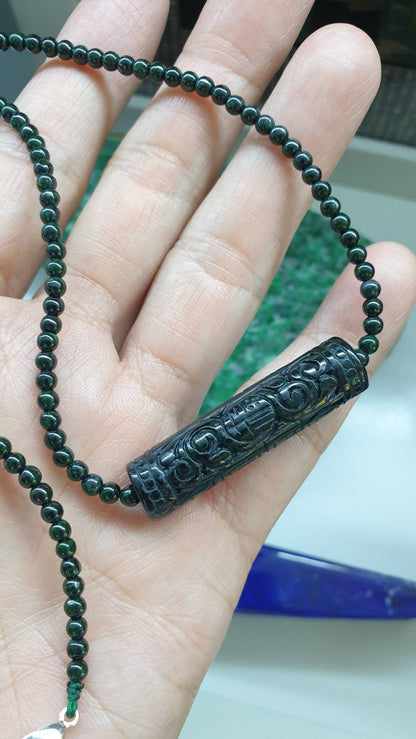Black Green Jade Handcrafted 22inch Necklace Ru Yi Cylinder Accent Type A Myanmar Jadeite