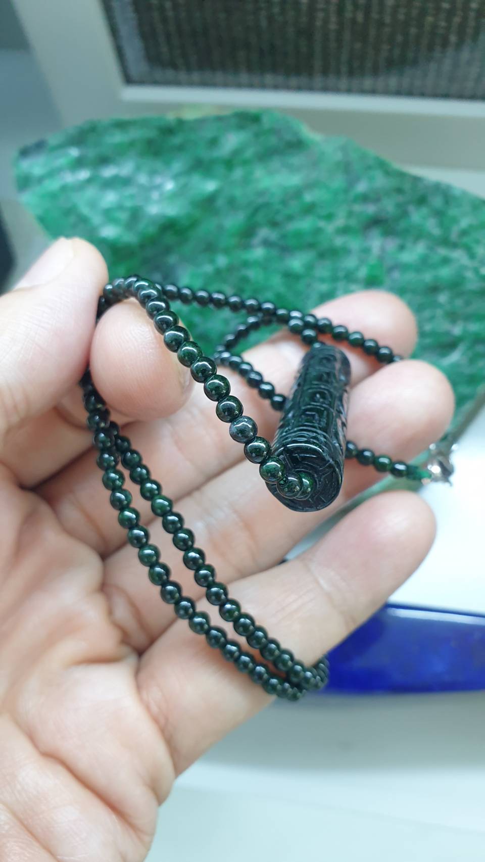 Black Green Jade Handcrafted 22inch Necklace Ru Yi Cylinder Accent Type A Myanmar Jadeite