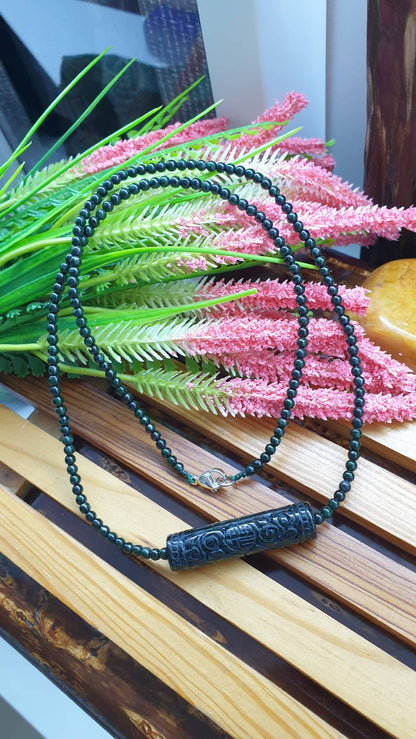 Black Green Jade Handcrafted 22inch Necklace Ru Yi Cylinder Accent Type A Myanmar Jadeite