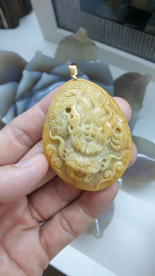 Jade Dragon Pendant in 14K Gold Bail