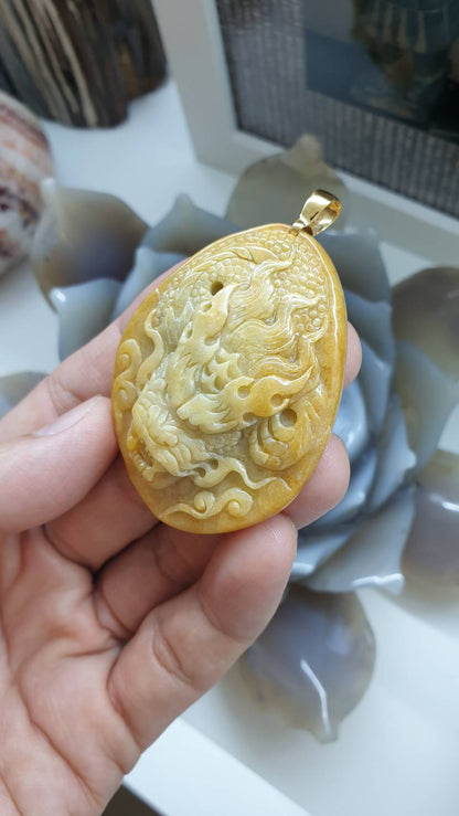 Jade Dragon Pendant in 14K Gold Bail