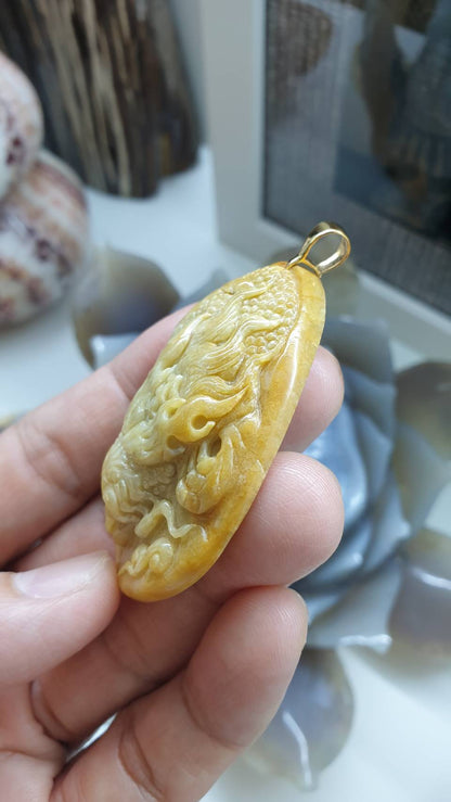 Jade Dragon Pendant in 14K Gold Bail
