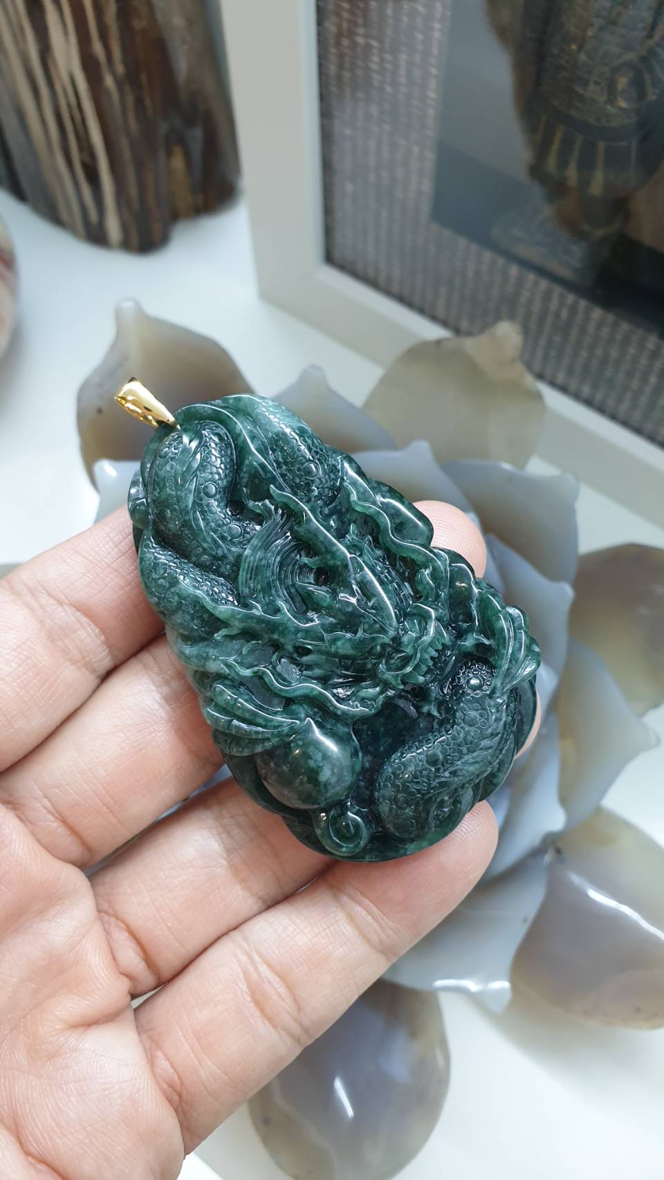 Blue Jade Dragon Pendant, 14K Gold Bail