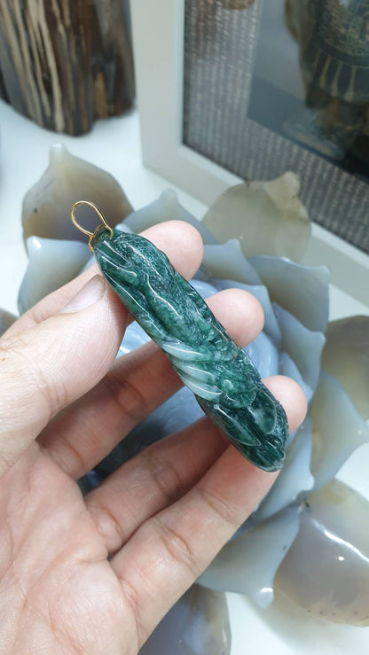 Blue Jade Dragon Pendant, 14K Gold Bail