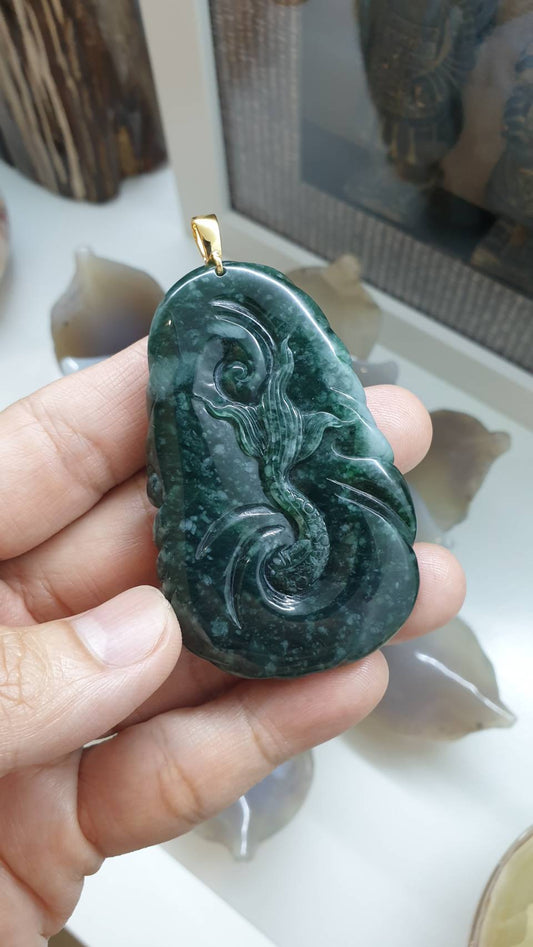 Blue Jade Dragon Pendant, 14K Gold Bail