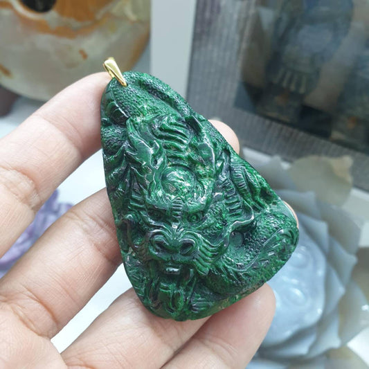Vintage Mawsitsit Dragon Pendant in 18K Gold Bail – Type A Untreated Jadeite