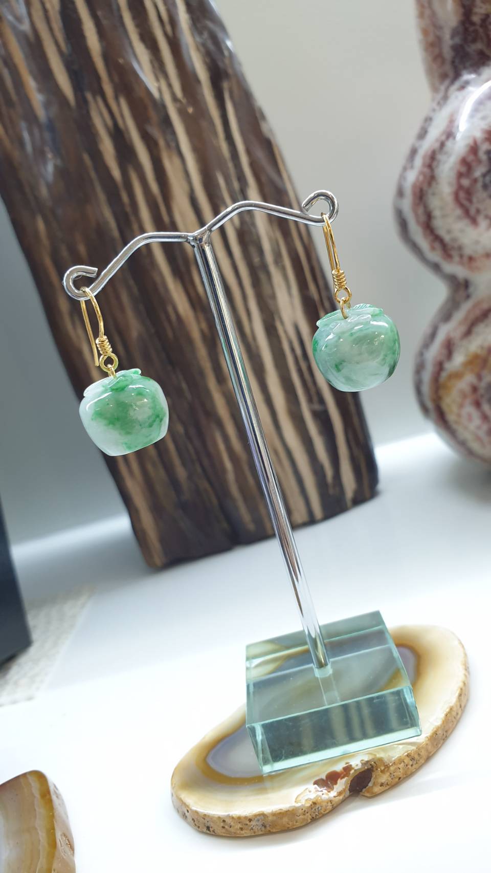 🍏 Jade Apple Hook Earrings | 14K Gold | Type A Natural Moss in Snow Jadeite