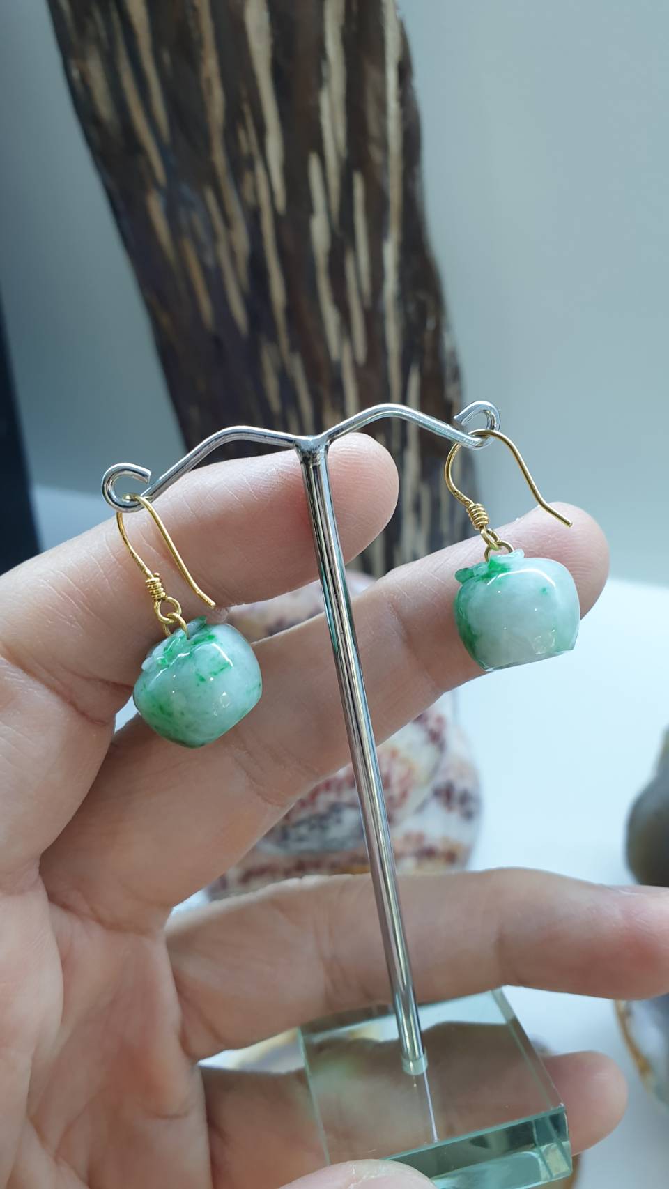 🍏 Jade Apple Hook Earrings | 14K Gold | Type A Natural Moss in Snow Jadeite