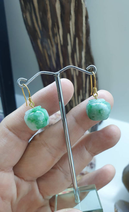 🍏 Jade Apple Hook Earrings | 14K Gold | Type A Natural Moss in Snow Jadeite