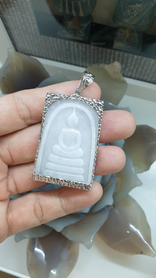 White Jade “Phra Som Det” Pendant | Meditating Buddha Amulet | Sterling Silver