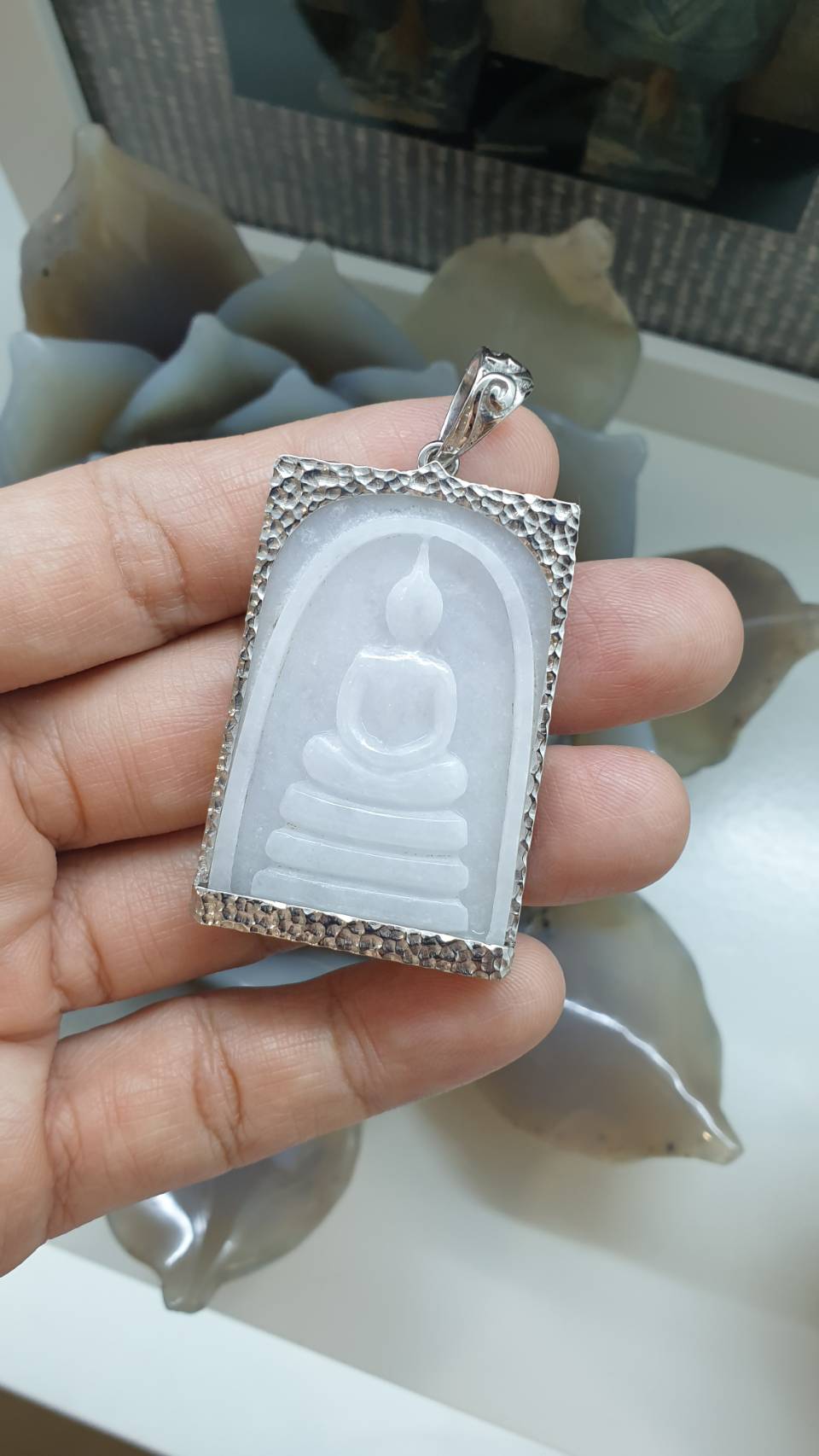 White Jade “Phra Som Det” Pendant | Meditating Buddha Amulet | Sterling Silver