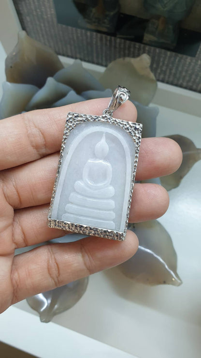 White Jade “Phra Som Det” Pendant | Meditating Buddha Amulet | Sterling Silver
