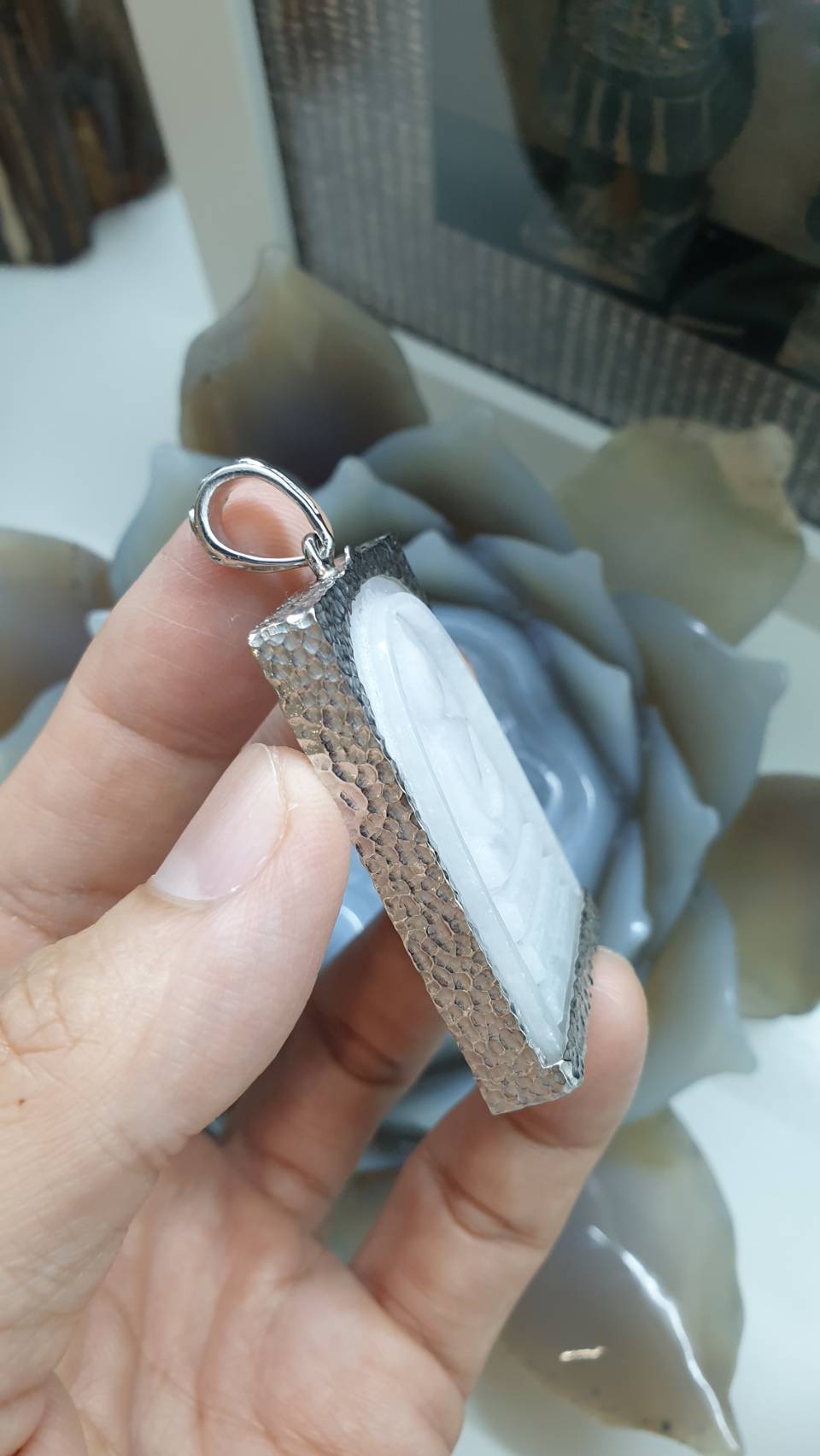 White Jade “Phra Som Det” Pendant | Meditating Buddha Amulet | Sterling Silver