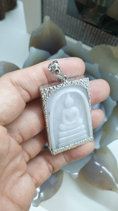 White Jade “Phra Som Det” Pendant | Meditating Buddha Amulet | Sterling Silver