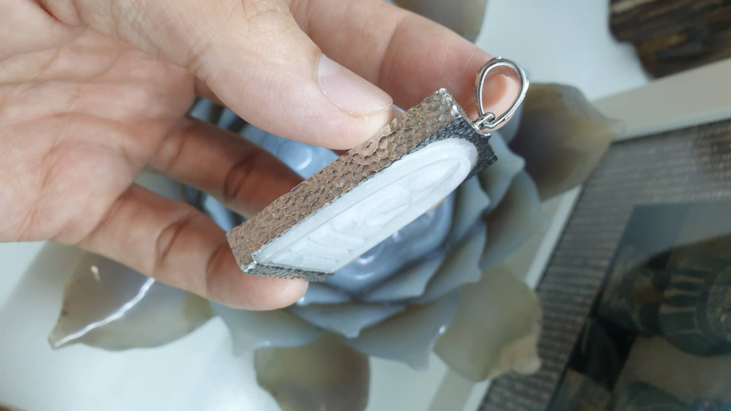 White Jade “Phra Som Det” Pendant | Meditating Buddha Amulet | Sterling Silver
