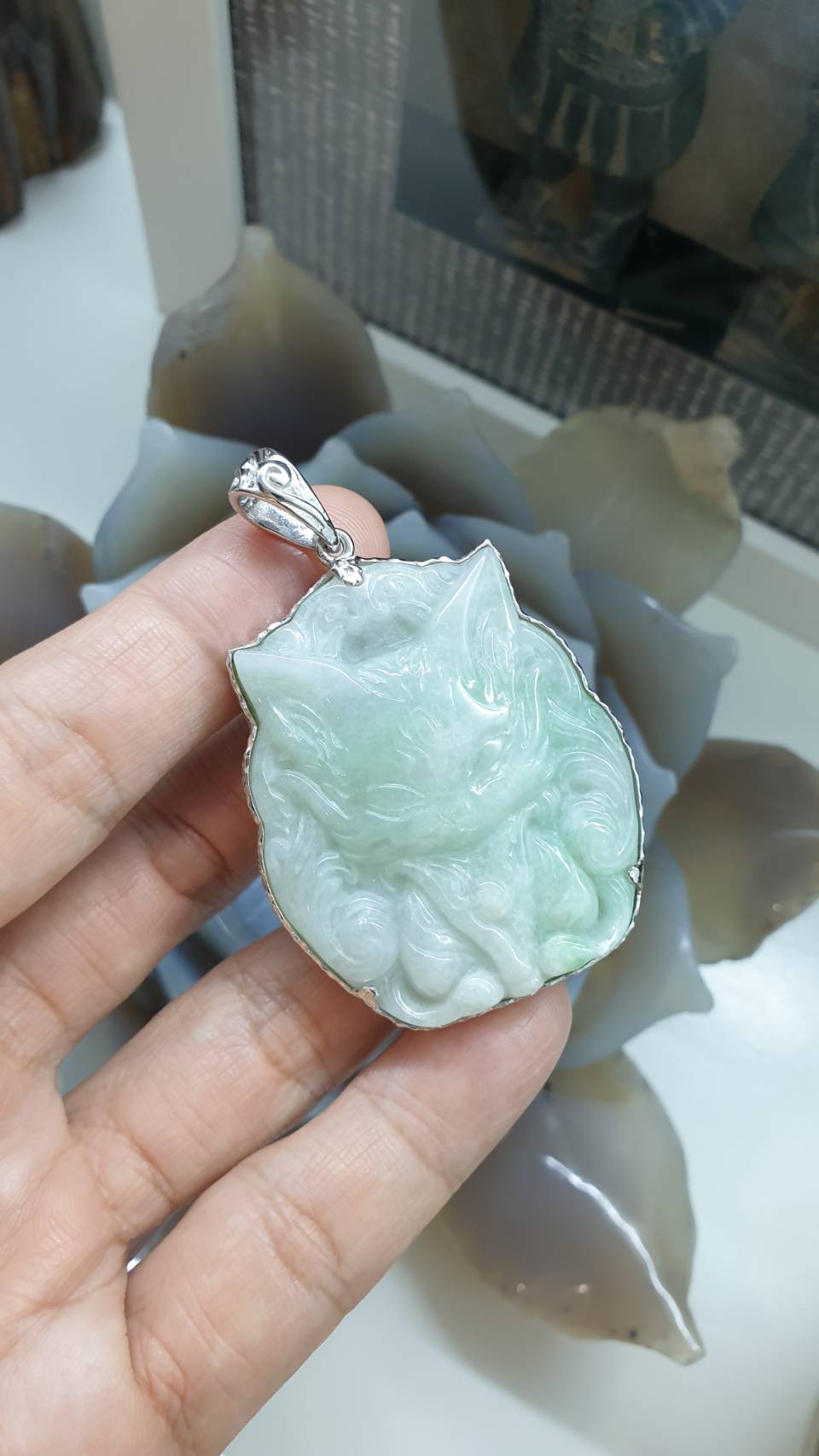 Nine-Tailed Fox Jade Pendant | Textured Sterling Silver | Authentic Type A Jadeite