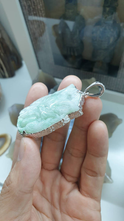 Nine-Tailed Fox Jade Pendant | Textured Sterling Silver | Authentic Type A Jadeite