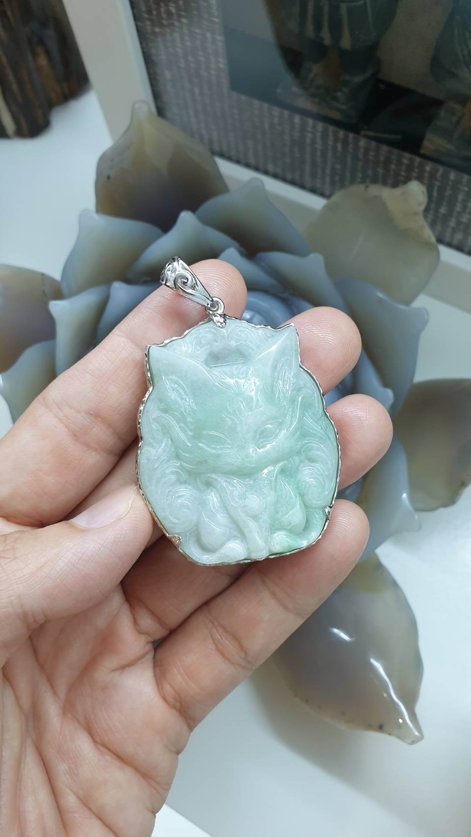 Nine-Tailed Fox Jade Pendant | Textured Sterling Silver | Authentic Type A Jadeite