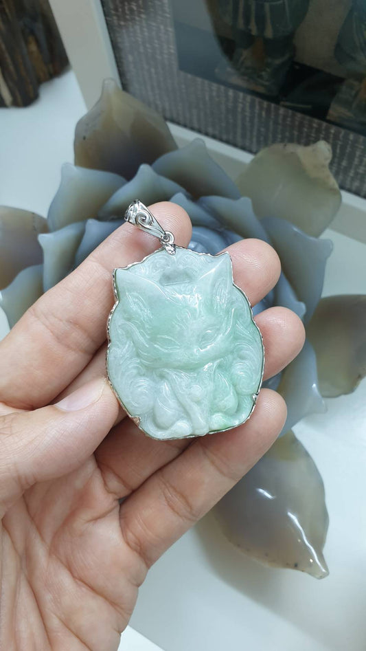 Nine-Tailed Fox Jade Pendant | Textured Sterling Silver | Authentic Type A Jadeite