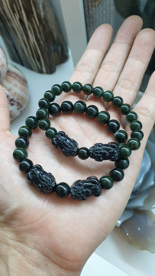 Pair of Black Jade Pixiu Bracelets – Wealth & Protection Luck Charms | His & Hers Feng Shui Jewelry | Green-Black Jade Beads 16cm & 17cm