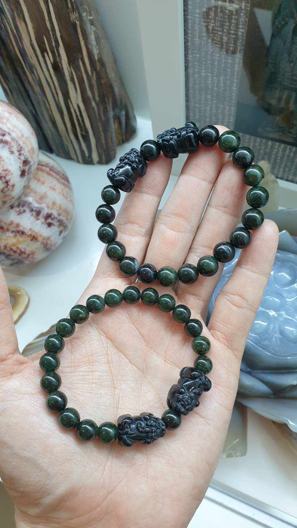 Pair of Black Jade Pixiu Bracelets – Wealth & Protection Luck Charms | His & Hers Feng Shui Jewelry | Green-Black Jade Beads