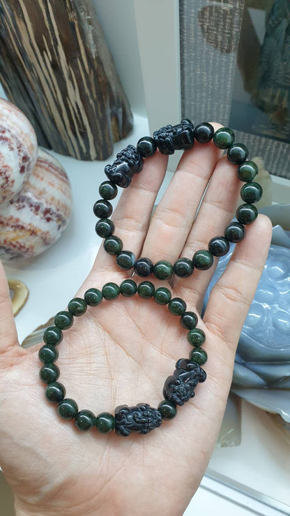 Pair of Black Jade Pixiu Bracelets – Wealth & Protection Luck Charms | His & Hers Feng Shui Jewelry | Green-Black Jade Beads