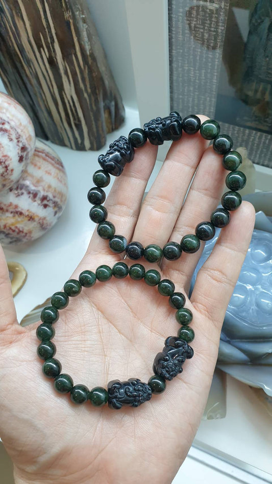 Pair of Black Jade Pixiu Bracelets – Wealth & Protection Luck Charms | His & Hers Feng Shui Jewelry | Green-Black Jade Beads 16cm & 17cm