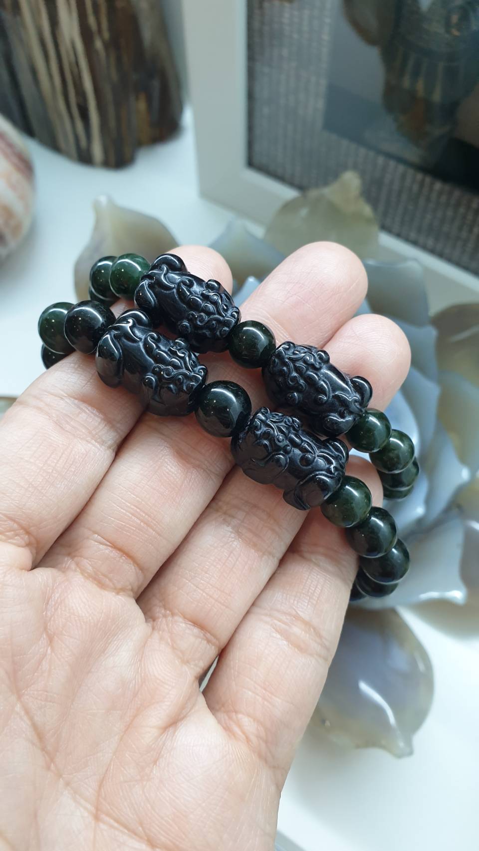 Pair of Black Jade Pixiu Bracelets – Wealth & Protection Luck Charms | His & Hers Feng Shui Jewelry | Green-Black Jade Beads
