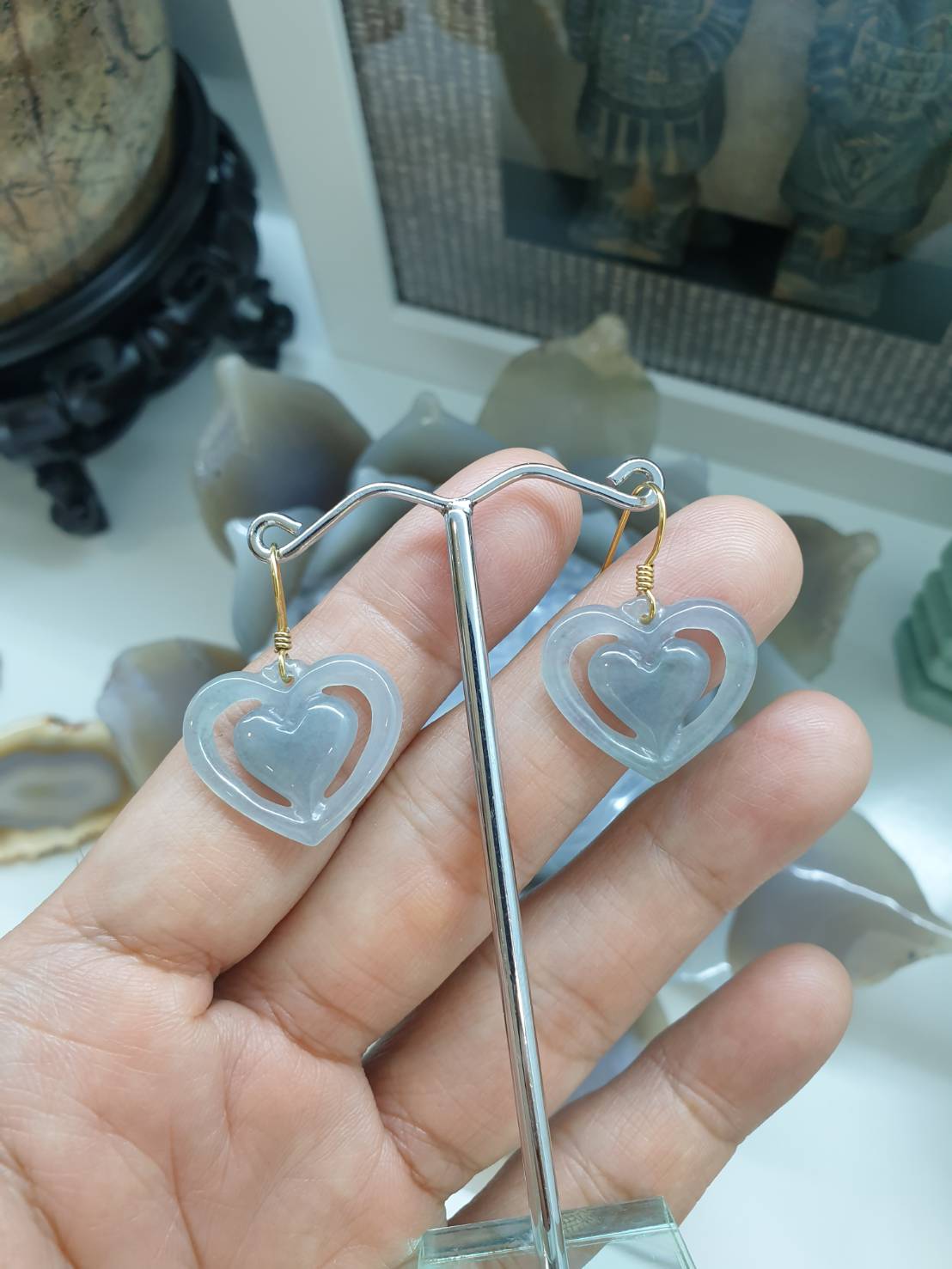 Icy Lavender-Blue Jade Heart Earrings | 14K Gold Hooks | Type A Natural Jadeite