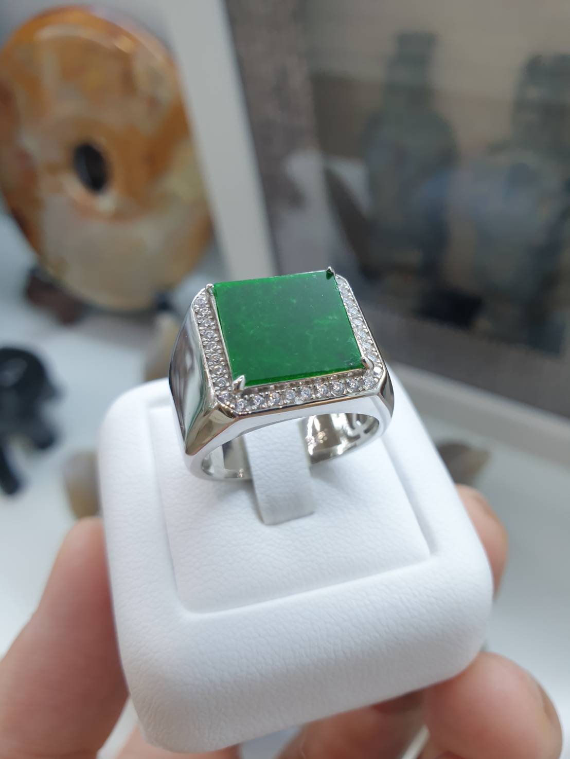 Green Jade Signet Style Ring | Type A Natural Jadeite | Sterling Silver