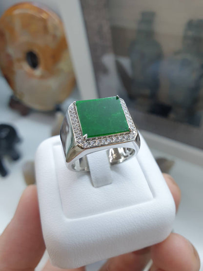 Green Jade Signet Style Ring | Type A Natural Jadeite | Sterling Silver