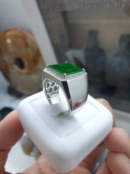 Green Jade Signet Style Ring | Type A Natural Jadeite | Sterling Silver