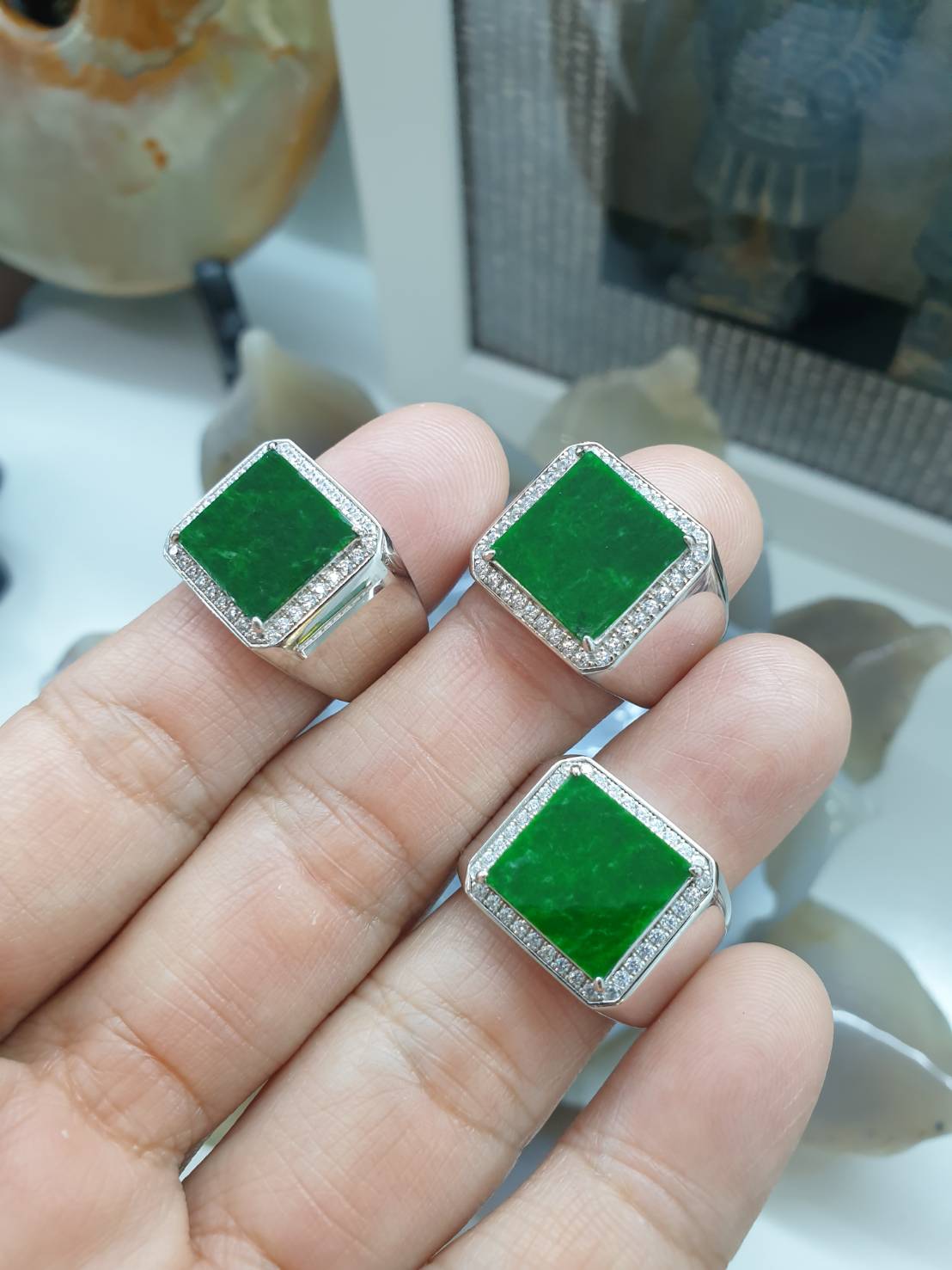 Green Jade Signet Style Ring | Type A Natural Jadeite | Sterling Silver