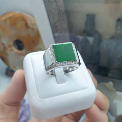 Green Jade Signet Style Ring | Type A Natural Jadeite | Sterling Silver